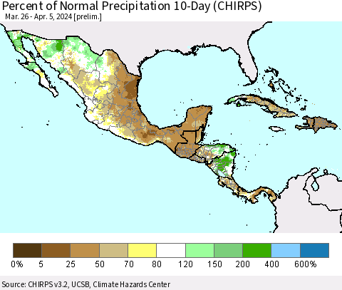 Mexico Central America and the Caribbean Percent of Normal Precipitation 10-Day (CHIRPS) Thematic Map For 3/26/2024 - 4/5/2024