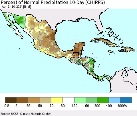 Mexico Central America and the Caribbean Percent of Normal Precipitation 10-Day (CHIRPS) Thematic Map For 4/1/2024 - 4/10/2024