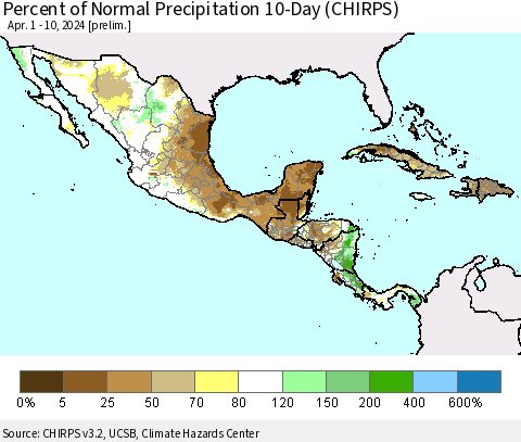 Mexico Central America and the Caribbean Percent of Normal Precipitation 10-Day (CHIRPS) Thematic Map For 4/1/2024 - 4/10/2024