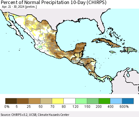 Mexico Central America and the Caribbean Percent of Normal Precipitation 10-Day (CHIRPS) Thematic Map For 4/21/2024 - 4/30/2024