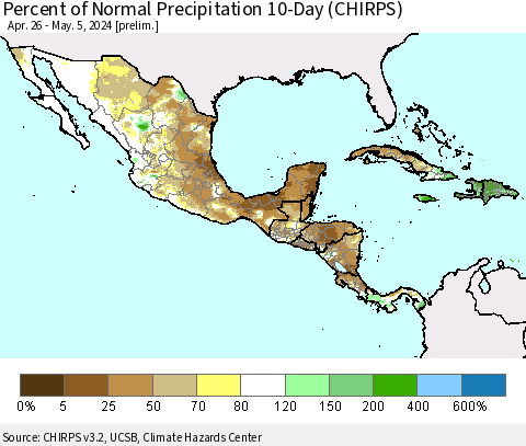 Mexico Central America and the Caribbean Percent of Normal Precipitation 10-Day (CHIRPS) Thematic Map For 4/26/2024 - 5/5/2024