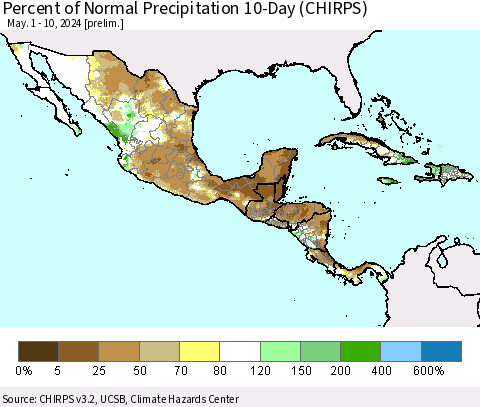 Mexico Central America and the Caribbean Percent of Normal Precipitation 10-Day (CHIRPS) Thematic Map For 5/1/2024 - 5/10/2024