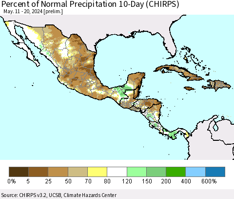 Mexico Central America and the Caribbean Percent of Normal Precipitation 10-Day (CHIRPS) Thematic Map For 5/11/2024 - 5/20/2024