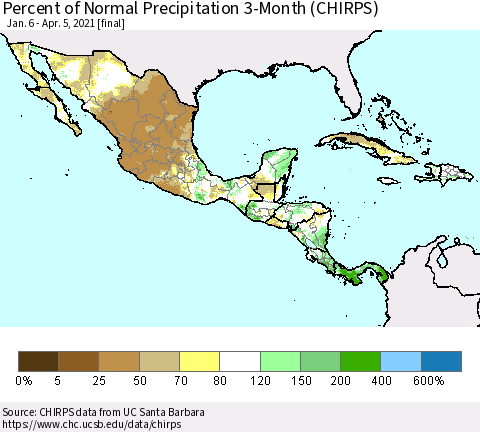 Mexico Central America and the Caribbean Percent of Normal Precipitation 3-Month (CHIRPS) Thematic Map For 1/6/2021 - 4/5/2021