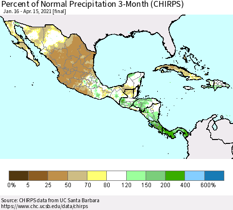 Mexico Central America and the Caribbean Percent of Normal Precipitation 3-Month (CHIRPS) Thematic Map For 1/16/2021 - 4/15/2021