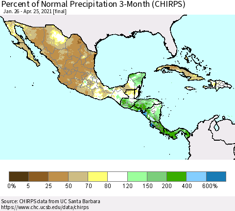 Mexico Central America and the Caribbean Percent of Normal Precipitation 3-Month (CHIRPS) Thematic Map For 1/26/2021 - 4/25/2021