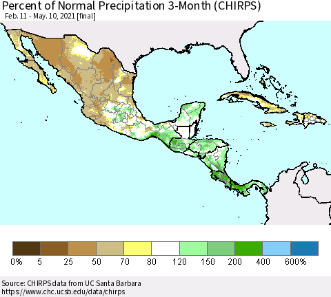 Mexico Central America and the Caribbean Percent of Normal Precipitation 3-Month (CHIRPS) Thematic Map For 2/11/2021 - 5/10/2021