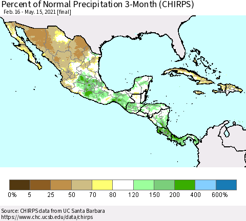 Mexico Central America and the Caribbean Percent of Normal Precipitation 3-Month (CHIRPS) Thematic Map For 2/16/2021 - 5/15/2021