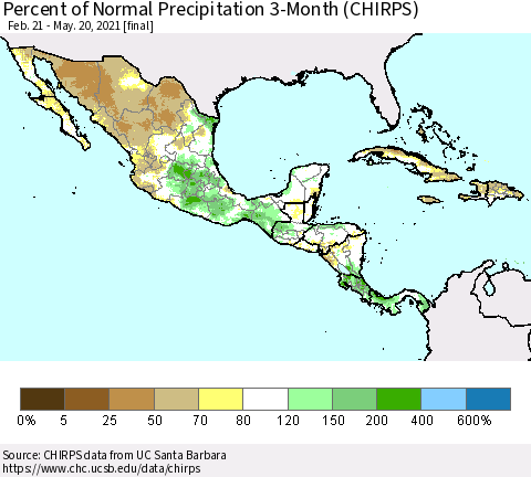 Mexico Central America and the Caribbean Percent of Normal Precipitation 3-Month (CHIRPS) Thematic Map For 2/21/2021 - 5/20/2021