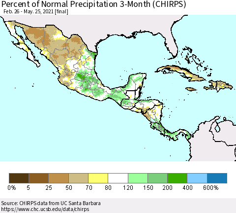 Mexico Central America and the Caribbean Percent of Normal Precipitation 3-Month (CHIRPS) Thematic Map For 2/26/2021 - 5/25/2021
