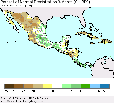 Mexico Central America and the Caribbean Percent of Normal Precipitation 3-Month (CHIRPS) Thematic Map For 3/1/2021 - 5/31/2021