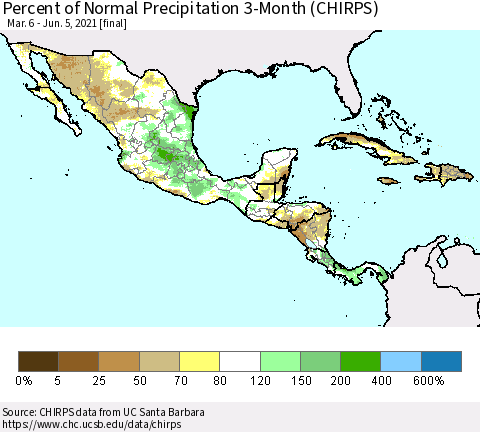 Mexico Central America and the Caribbean Percent of Normal Precipitation 3-Month (CHIRPS) Thematic Map For 3/6/2021 - 6/5/2021
