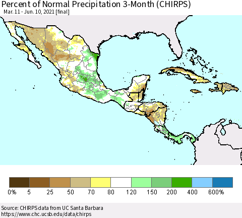 Mexico Central America and the Caribbean Percent of Normal Precipitation 3-Month (CHIRPS) Thematic Map For 3/11/2021 - 6/10/2021