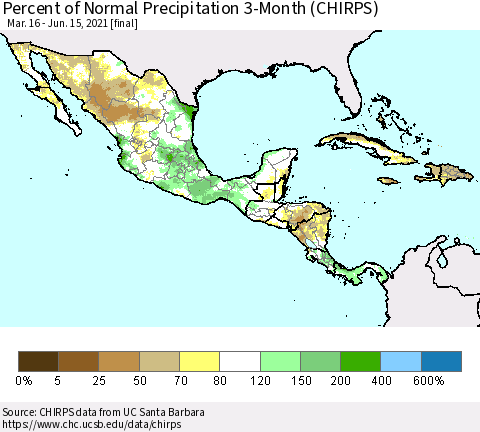 Mexico Central America and the Caribbean Percent of Normal Precipitation 3-Month (CHIRPS) Thematic Map For 3/16/2021 - 6/15/2021
