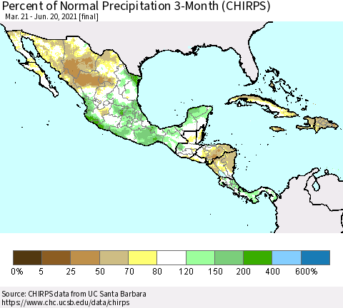 Mexico Central America and the Caribbean Percent of Normal Precipitation 3-Month (CHIRPS) Thematic Map For 3/21/2021 - 6/20/2021