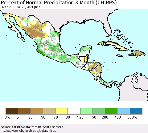 Mexico Central America and the Caribbean Percent of Normal Precipitation 3-Month (CHIRPS) Thematic Map For 3/26/2021 - 6/25/2021