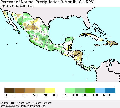 Mexico Central America and the Caribbean Percent of Normal Precipitation 3-Month (CHIRPS) Thematic Map For 4/1/2021 - 6/30/2021