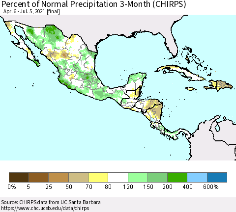 Mexico Central America and the Caribbean Percent of Normal Precipitation 3-Month (CHIRPS) Thematic Map For 4/6/2021 - 7/5/2021