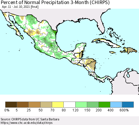Mexico Central America and the Caribbean Percent of Normal Precipitation 3-Month (CHIRPS) Thematic Map For 4/11/2021 - 7/10/2021