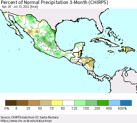 Mexico Central America and the Caribbean Percent of Normal Precipitation 3-Month (CHIRPS) Thematic Map For 4/16/2021 - 7/15/2021