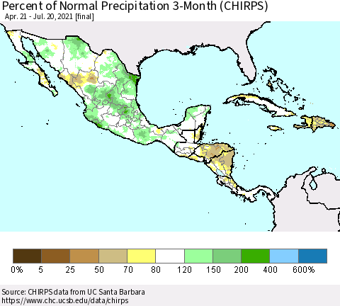 Mexico Central America and the Caribbean Percent of Normal Precipitation 3-Month (CHIRPS) Thematic Map For 4/21/2021 - 7/20/2021