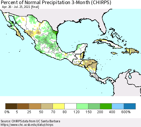 Mexico Central America and the Caribbean Percent of Normal Precipitation 3-Month (CHIRPS) Thematic Map For 4/26/2021 - 7/25/2021