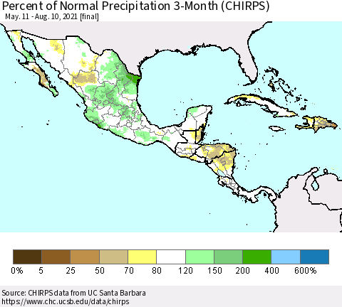 Mexico Central America and the Caribbean Percent of Normal Precipitation 3-Month (CHIRPS) Thematic Map For 5/11/2021 - 8/10/2021