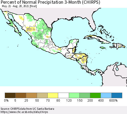 Mexico Central America and the Caribbean Percent of Normal Precipitation 3-Month (CHIRPS) Thematic Map For 5/21/2021 - 8/20/2021