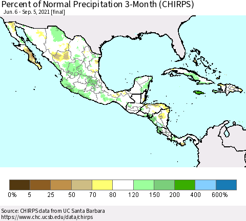 Mexico Central America and the Caribbean Percent of Normal Precipitation 3-Month (CHIRPS) Thematic Map For 6/6/2021 - 9/5/2021