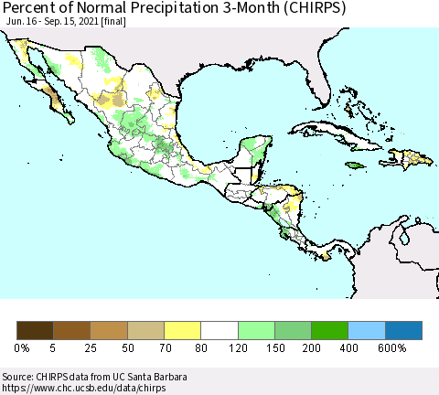 Mexico Central America and the Caribbean Percent of Normal Precipitation 3-Month (CHIRPS) Thematic Map For 6/16/2021 - 9/15/2021