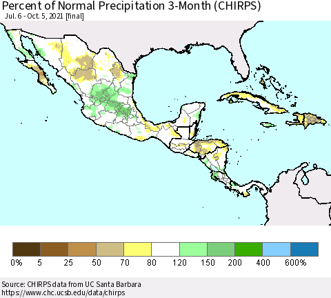Mexico Central America and the Caribbean Percent of Normal Precipitation 3-Month (CHIRPS) Thematic Map For 7/6/2021 - 10/5/2021