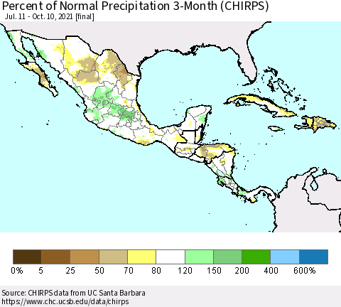 Mexico Central America and the Caribbean Percent of Normal Precipitation 3-Month (CHIRPS) Thematic Map For 7/11/2021 - 10/10/2021