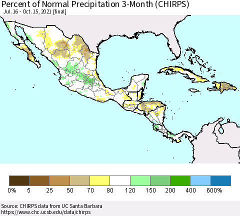 Mexico Central America and the Caribbean Percent of Normal Precipitation 3-Month (CHIRPS) Thematic Map For 7/16/2021 - 10/15/2021