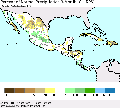 Mexico Central America and the Caribbean Percent of Normal Precipitation 3-Month (CHIRPS) Thematic Map For 7/21/2021 - 10/20/2021