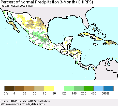 Mexico Central America and the Caribbean Percent of Normal Precipitation 3-Month (CHIRPS) Thematic Map For 7/26/2021 - 10/25/2021