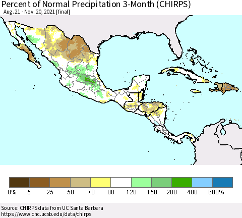 Mexico Central America and the Caribbean Percent of Normal Precipitation 3-Month (CHIRPS) Thematic Map For 8/21/2021 - 11/20/2021