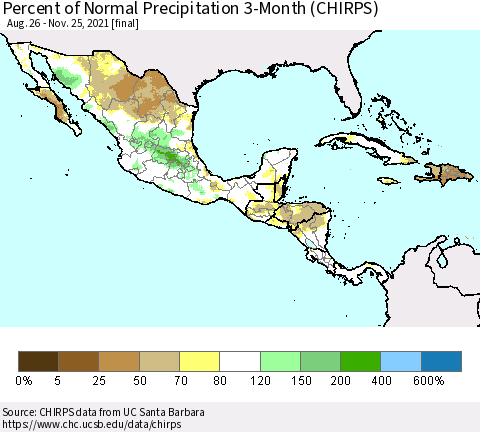 Mexico Central America and the Caribbean Percent of Normal Precipitation 3-Month (CHIRPS) Thematic Map For 8/26/2021 - 11/25/2021