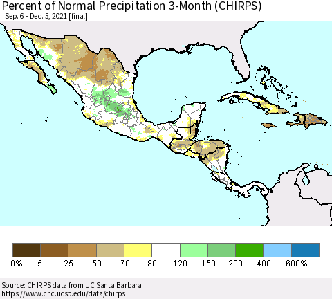 Mexico Central America and the Caribbean Percent of Normal Precipitation 3-Month (CHIRPS) Thematic Map For 9/6/2021 - 12/5/2021