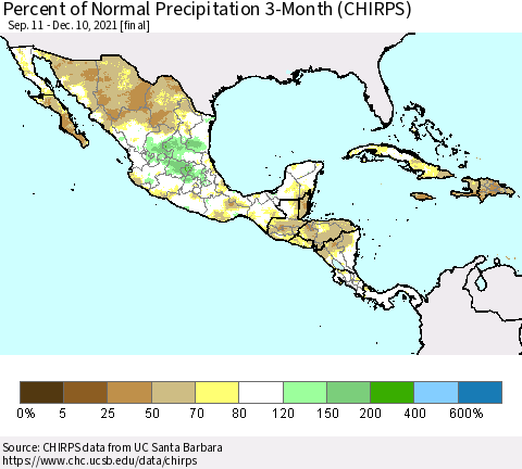 Mexico Central America and the Caribbean Percent of Normal Precipitation 3-Month (CHIRPS) Thematic Map For 9/11/2021 - 12/10/2021