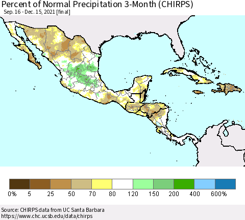 Mexico Central America and the Caribbean Percent of Normal Precipitation 3-Month (CHIRPS) Thematic Map For 9/16/2021 - 12/15/2021