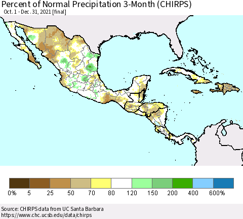 Mexico Central America and the Caribbean Percent of Normal Precipitation 3-Month (CHIRPS) Thematic Map For 10/1/2021 - 12/31/2021
