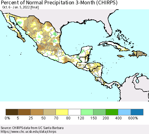 Mexico Central America and the Caribbean Percent of Normal Precipitation 3-Month (CHIRPS) Thematic Map For 10/6/2021 - 1/5/2022
