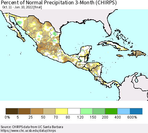 Mexico Central America and the Caribbean Percent of Normal Precipitation 3-Month (CHIRPS) Thematic Map For 10/11/2021 - 1/10/2022