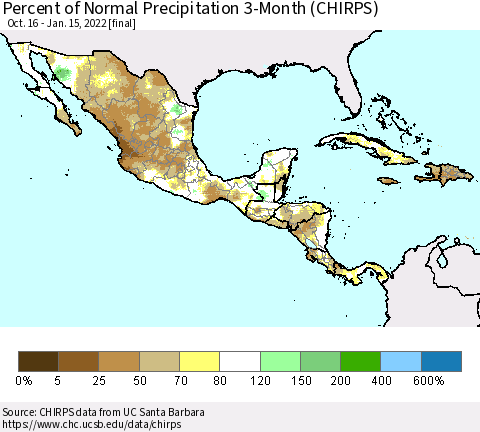 Mexico Central America and the Caribbean Percent of Normal Precipitation 3-Month (CHIRPS) Thematic Map For 10/16/2021 - 1/15/2022