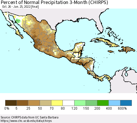 Mexico Central America and the Caribbean Percent of Normal Precipitation 3-Month (CHIRPS) Thematic Map For 10/26/2021 - 1/25/2022