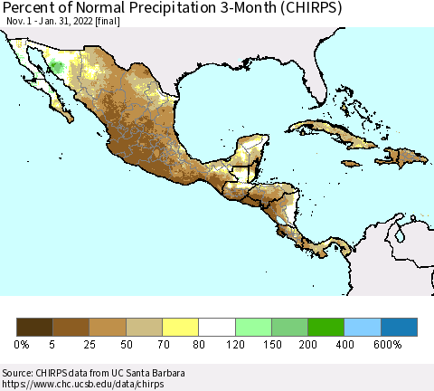 Mexico Central America and the Caribbean Percent of Normal Precipitation 3-Month (CHIRPS) Thematic Map For 11/1/2021 - 1/31/2022