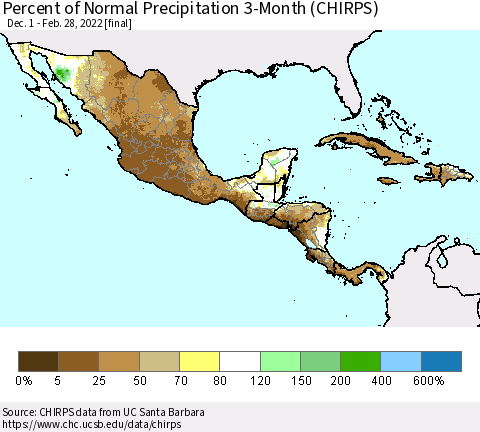 Mexico Central America and the Caribbean Percent of Normal Precipitation 3-Month (CHIRPS) Thematic Map For 12/1/2021 - 2/28/2022