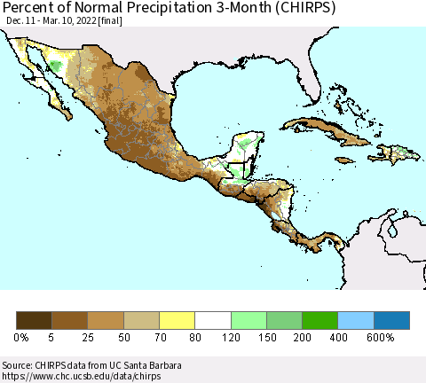 Mexico Central America and the Caribbean Percent of Normal Precipitation 3-Month (CHIRPS) Thematic Map For 12/11/2021 - 3/10/2022