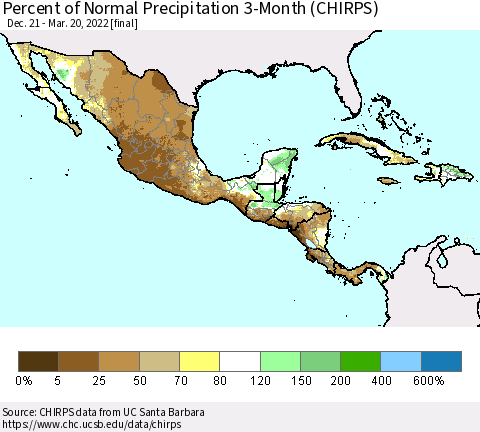 Mexico Central America and the Caribbean Percent of Normal Precipitation 3-Month (CHIRPS) Thematic Map For 12/21/2021 - 3/20/2022