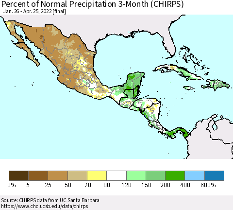 Mexico Central America and the Caribbean Percent of Normal Precipitation 3-Month (CHIRPS) Thematic Map For 1/26/2022 - 4/25/2022